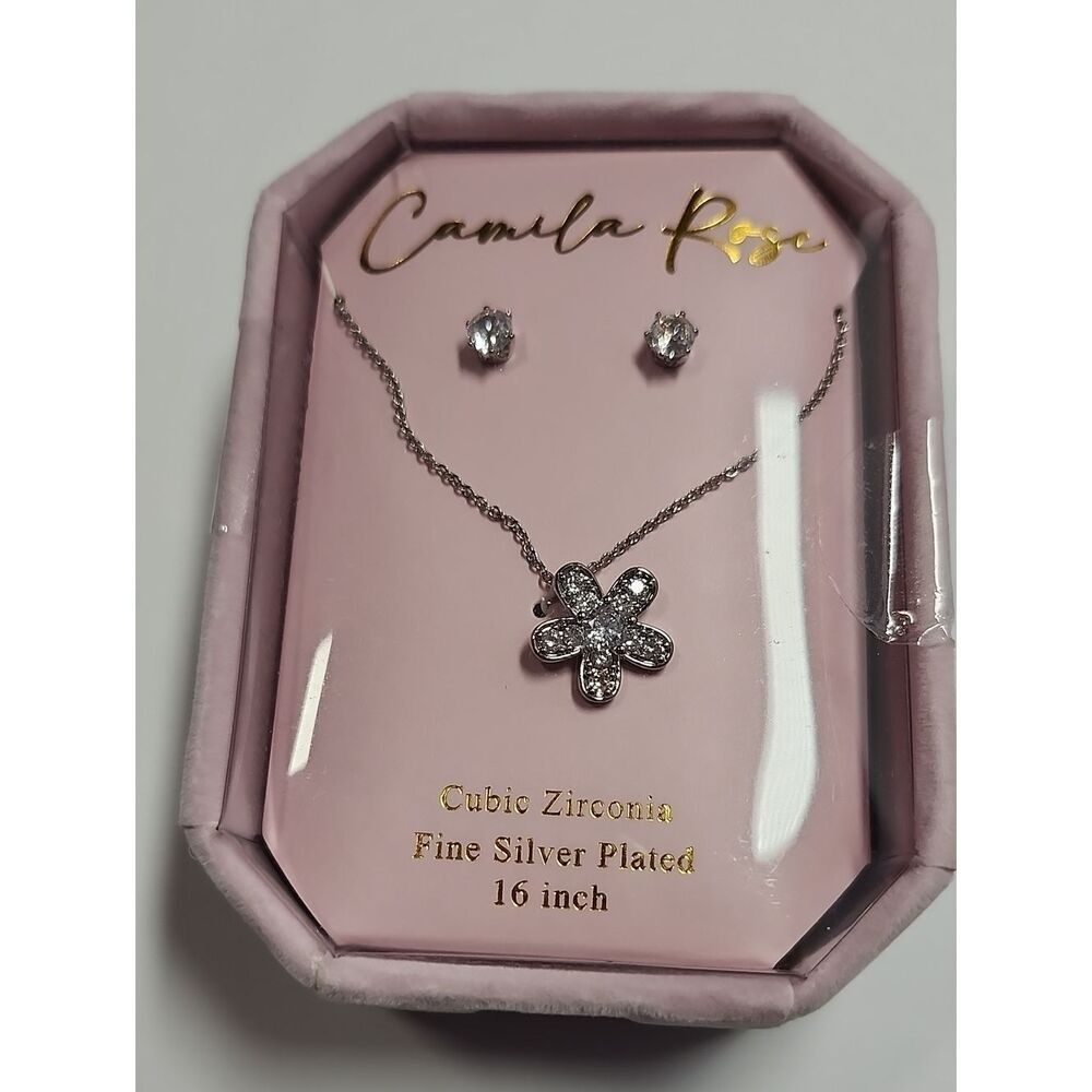 Camila Rose Fine Silver-Plated Flower Necklace & Stud Earrings Set